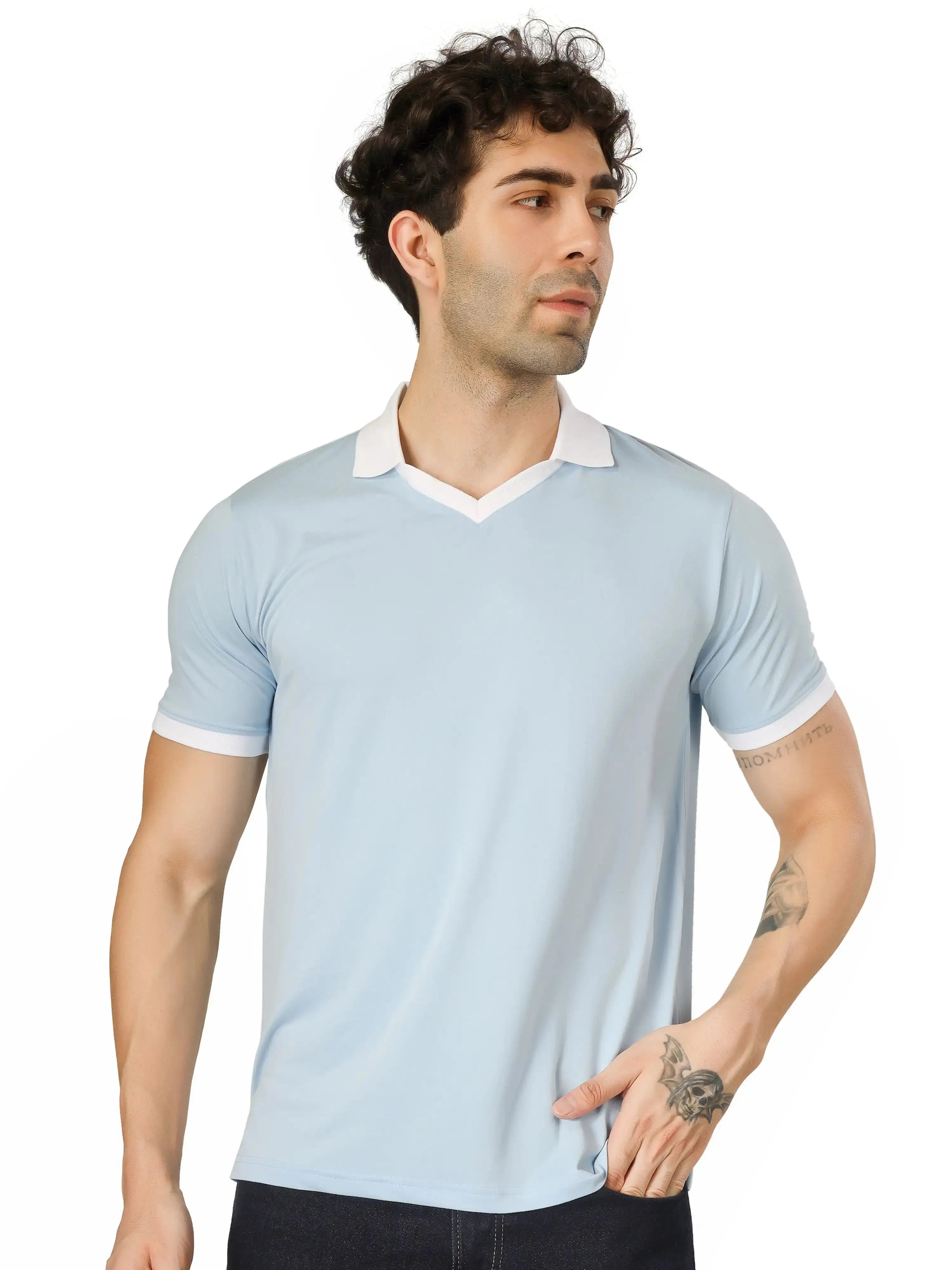 BlueFicus  Men Solid Polo Neck Cotton Blend T-Shirt Blueficus